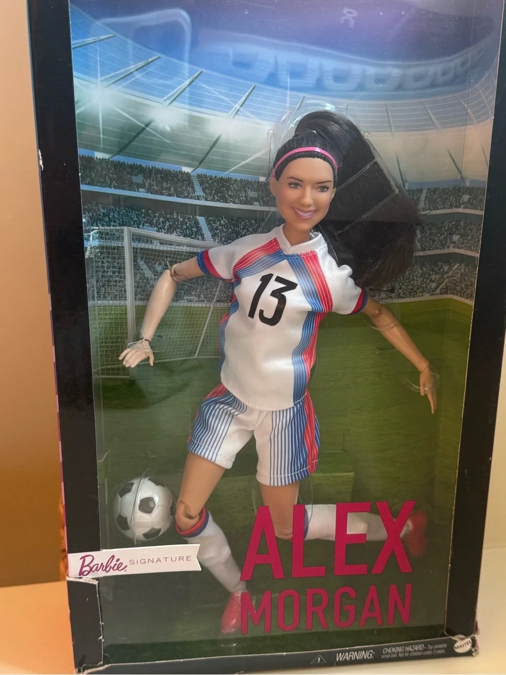 Barbie Alex Morgan Soccer Doll in White, Blue & Pink Uniform